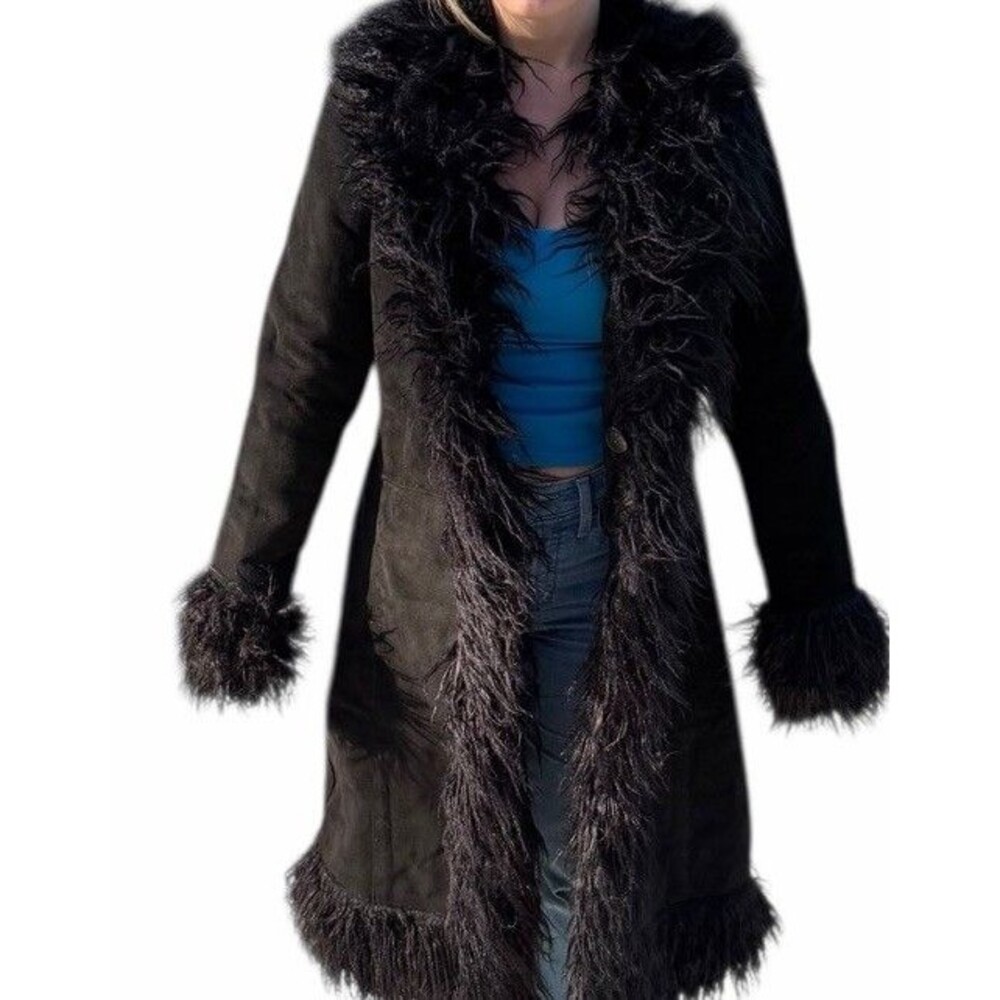 100% Genuine Shearling Sheepskin Long Black Coat Lined Y2K Penny Lane Afghan